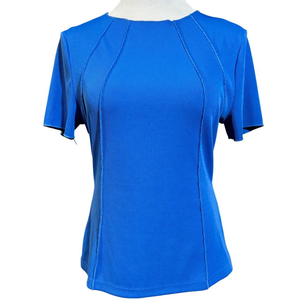 KIRUNDO Womens Large Blue‎ Ribbed Short Sleeve Top Boho Casual Seam Detail